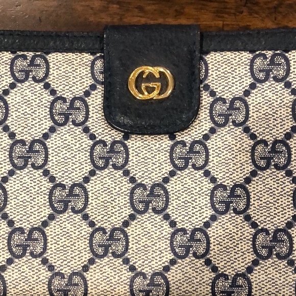 GUCCI GG Monogram Navy Blue Leather Coated Canvas Long Bifold Wallet Vintage - Picture 3 of 17